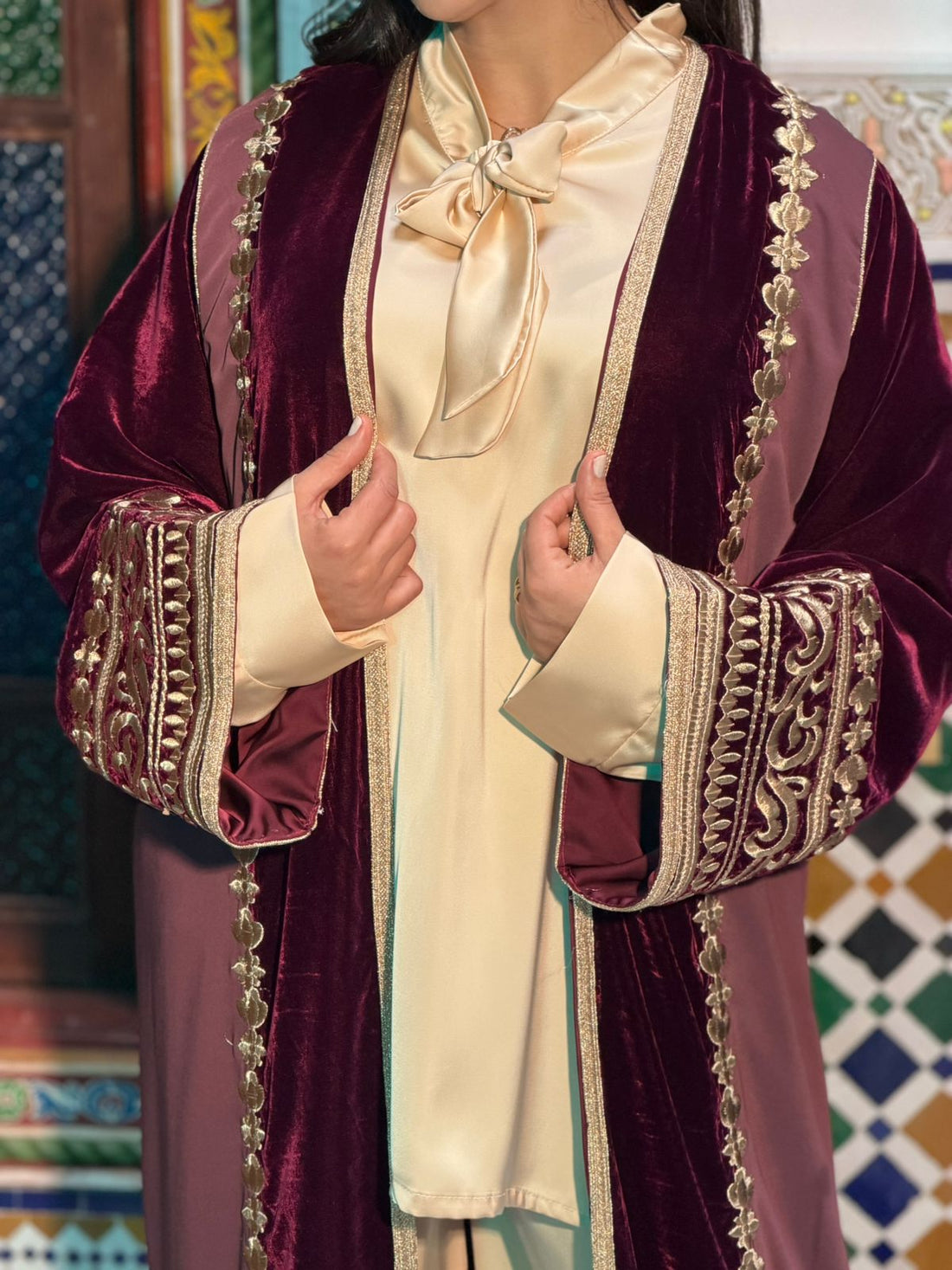 Elegant Burgundy Moroccan Caftan with Gold Embroidery