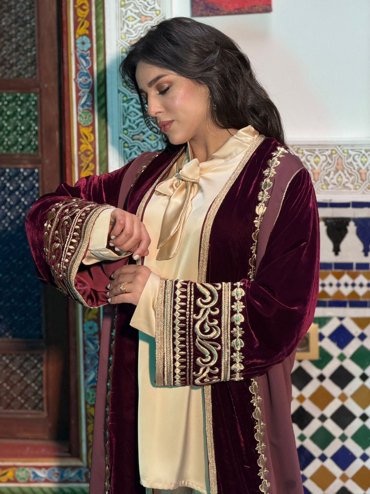 Elegant Burgundy Moroccan Caftan with Gold Embroidery