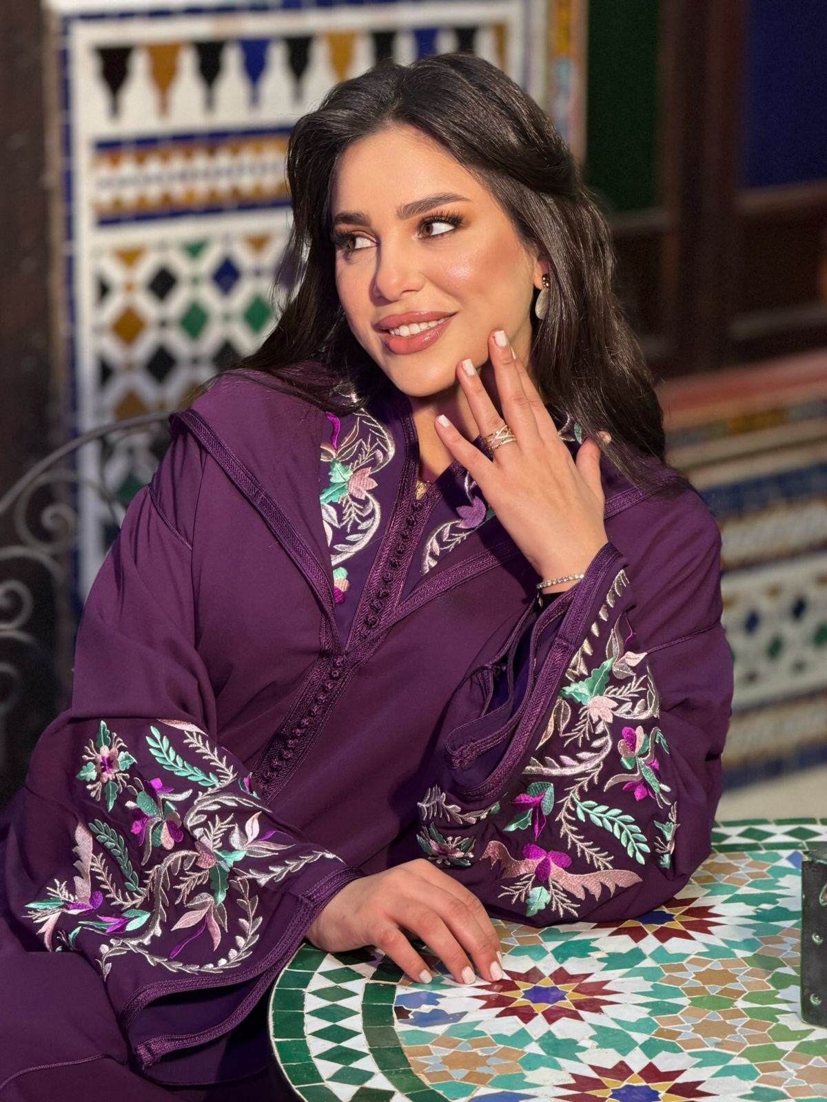 Elegant Purple Moroccan Jalaba with Floral Embroidery