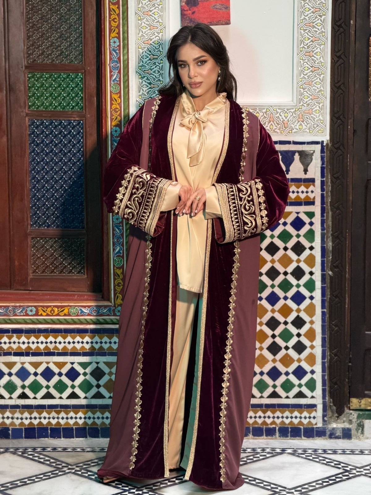 Elegant Burgundy Moroccan Caftan with Gold Embroidery