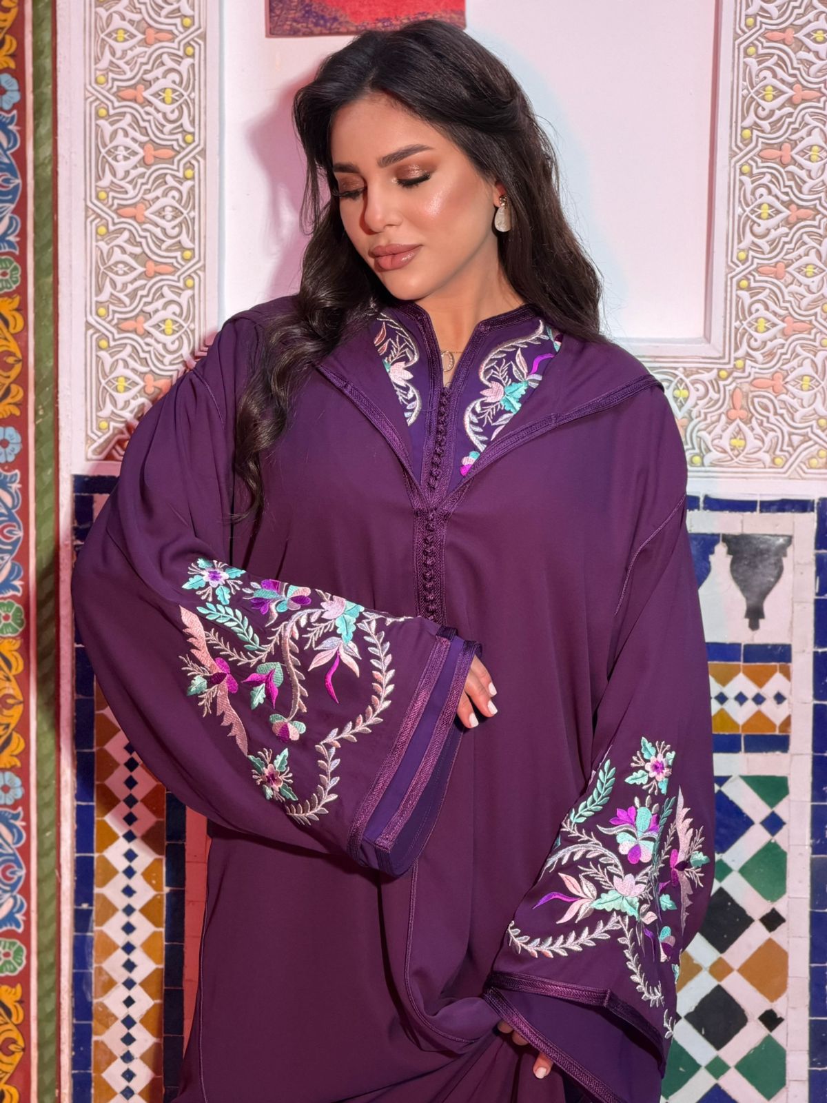 Elegant Purple Moroccan Jalaba with Floral Embroidery