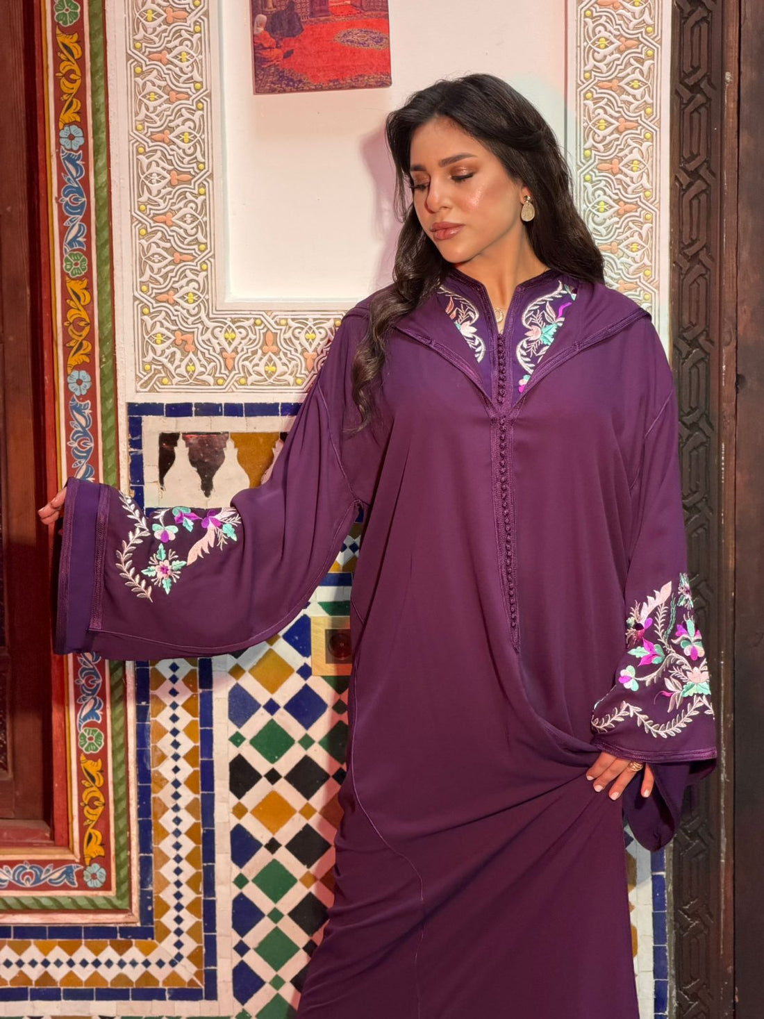 Elegant Purple Moroccan Jalaba with Floral Embroidery