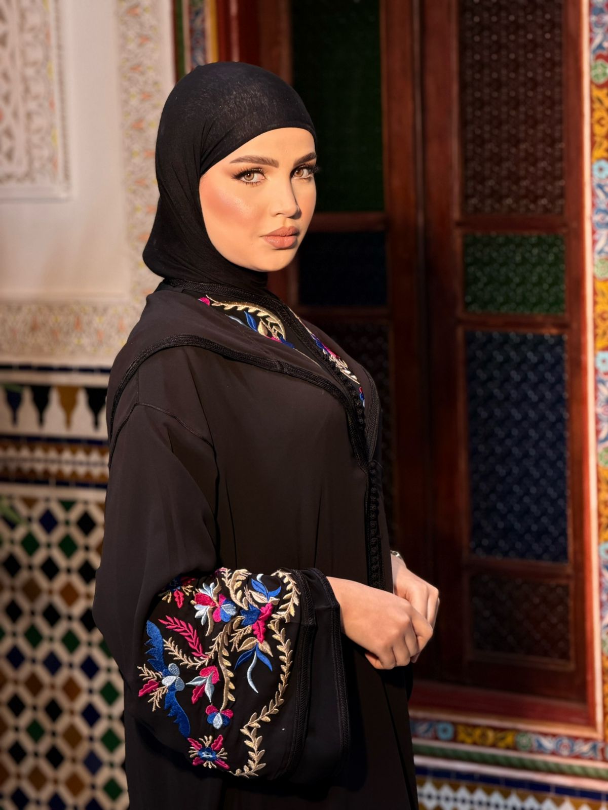 Elegant Black Moroccan Jalaba with Colorful Floral Embroidery