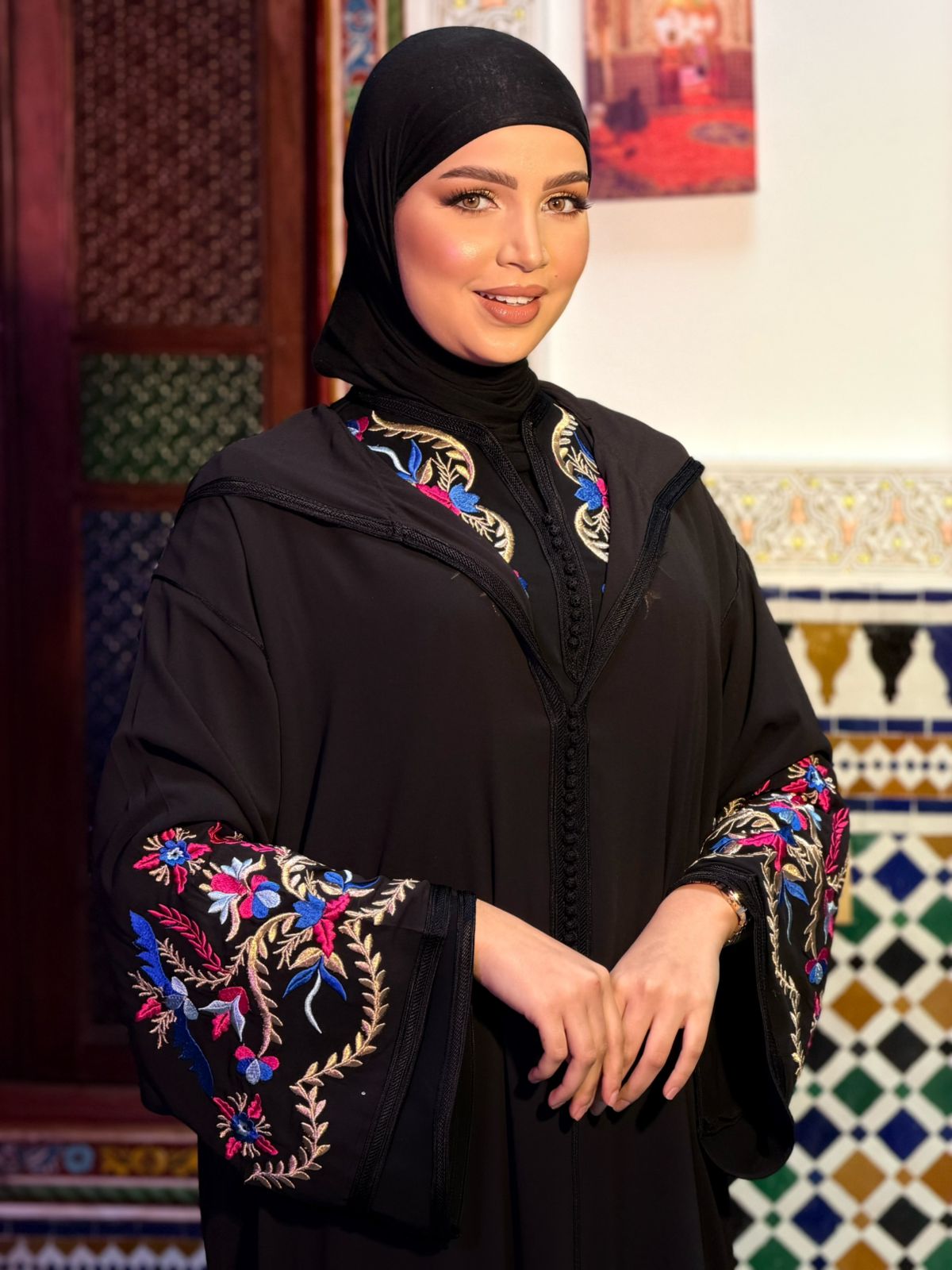 Elegant Black Moroccan Jalaba with Colorful Floral Embroidery