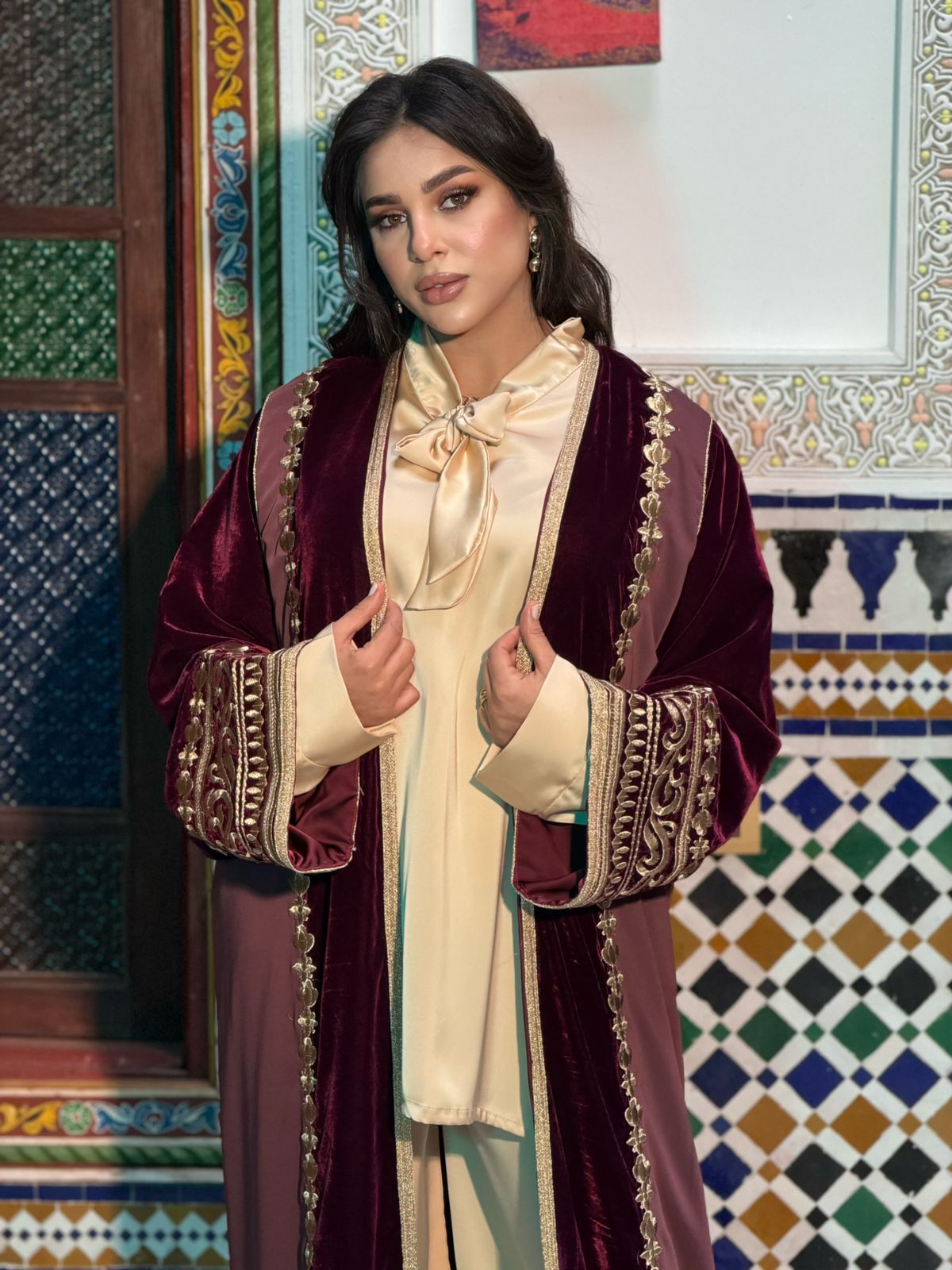 Elegant Burgundy Moroccan Caftan with Gold Embroidery